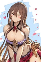 Rule 34 | 1girl, bare shoulders, bikini, blue background, blue eyes, blush, breasts, brown hair, cleavage, closed mouth, commentary request, gem, granblue fantasy, hair between eyes, halterneck, highres, kakage, large breasts, long hair, looking at viewer, midriff, one eye closed, petals, rosetta (granblue fantasy), sidelocks, simple background, smile, solo, swimsuit, upper body, very long hair, white background