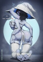 Rule 34 | 1girl, aelion draws, ass, ass grab, blue skin, breasts, colored skin, covering breasts, covering privates, elden ring, english text, extra arms, from behind, grabbing own ass, hat, highres, huge ass, medium breasts, ranni the witch, solo, toeless legwear, witch hat