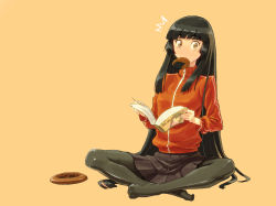 Rule 34 | 1girl, ^^^, alternate costume, bad id, bad pixiv id, black hair, book, contemporary, cookie, face, feet, female focus, food, houraisan kaguya, indian style, latex, long hair, mouth hold, pantyhose, senbei, shiba itsuki, simple background, sitting, skirt, solo, touhou, very long hair, yellow eyes