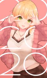 Rule 34 | 1girl, :3, armpit peek, armpits, arms up, blonde hair, blunt bangs, breasts, cleavage, collarbone, green eyes, hand gesture, heart, heart necklace, highres, idolmaster, idolmaster cinderella girls, jacket, jewelry, long sleeves, looking at viewer, medium breasts, miyamoto frederica, necklace, open mouth, pink background, pink jacket, plaid, plaid skirt, ribbed jacket, ryuu., short hair, simple background, skirt, smile, solo, strap slip, tank top, upper body, v, white tank top