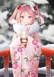 Rule 34 | 1girl, :q, absurdres, blush, breath, cup, day, disposable cup, floral print, fur trim, hair bobbles, hair ornament, highres, holding, holding cup, japanese clothes, kantai collection, kimono, long sleeves, obi, outdoors, pink eyes, pink hair, sash, sazanami (kancolle), short twintails, sidelocks, sleeves past wrists, smile, snow, snowing, solo, steam, tongue, tongue out, twintails, wide sleeves, yunamaro