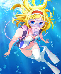 Rule 34 | 1girl, absurdres, air bubble, alice margatroid, bikini, blonde hair, breasts, bubble, cleavage, commentary request, commission, diving mask, diving regulator, frilled hairband, frills, goggles, hairband, highres, kisaragi koushi, lolita hairband, medium breasts, medium hair, oxygen tank, pixiv commission, red hairband, scuba, scuba gear, scuba tank, solo, swimsuit, thighs, touhou, underwater, white bikini