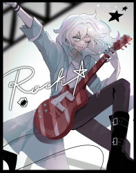 Rule 34 | 1boy, absurdres, black footwear, blue eyes, boots, cookie run, curly hair, earrings, electric guitar, english text, guitar, highres, humanization, instrument, jewelry, looking at viewer, mamimumemo, medium hair, one eye closed, personification, rockstar cookie, shirt, solo, star (symbol), white hair, white shirt