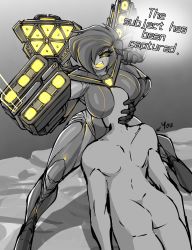Rule 34 | 1boy, 1girl, absurdres, armor, armored boots, artillery, back, between breasts, black hair, boots, breast smother, breasts, clothed female nude male, colored skin, dark skin, earphones, english text, face to breasts, gauntlets, grey skin, hado (zzzhadozzz), highres, instrument, large breasts, muscular, muscular female, nude, original, panels, rescue, short hair, technology, triangle (instrument), weapon, yellow eyes