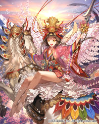 Rule 34 | 1girl, animal, armor, bad id, bad pixiv id, bare legs, barefoot, black hair, bow, brown hair, cherry blossoms, company name, crown, dragon&#039;s shadow, feathers, feet, floral print, flower, flying, frills, hair ornament, haori, holding, holding staff, horse, horseback riding, japanese clothes, kimono, long hair, mountain, obi, official art, outstretched arms, print kimono, red ribbon, ribbon, ribbon-trimmed sleeves, ribbon trim, riding, sash, short kimono, sidesaddle, sitting, sky, solo, staff, sun, sunrise, tassel, tree, upskirt, watermark, wide sleeves, wings, yellow eyes, yna