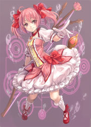 Rule 34 | 10s, 1girl, ahoge, bow, bow (weapon), bubble skirt, dress, gloves, hair bow, kaname madoka, magical girl, mahou shoujo madoka magica, mahou shoujo madoka magica (anime), maple, maple (maplehy), pink eyes, pink hair, skirt, smile, solo, soul gem, twintails, weapon