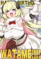 Rule 34 | 1girl, :d, absurdres, ahoge, animal ears, belt pouch, blonde hair, blush, breasts, cape, collage background, commentary request, dated, detached sleeves, dress, fur-trimmed dress, fur trim, hair ornament, happy birthday, highres, hololive, horns, large breasts, long hair, long sleeves, looking at viewer, open mouth, pink cape, pouch, puchicochi 712, purple eyes, red brooch, sheep ears, sheep girl, sheep horns, sleeveless, sleeveless dress, smile, solo, tsunomaki watame, tsunomaki watame (1st costume), virtual youtuber, white dress