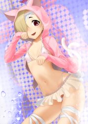 Rule 34 | 1girl, absurdres, animal ears, bandages, bandaged leg, bandages, blonde hair, blush, breasts, brown eyes, cat ears, cat tail, commentary request, ear piercing, earrings, fake animal ears, gishu, hair over one eye, highres, hood, hoodie, idolmaster, idolmaster cinderella girls, jacket, jewelry, long sleeves, looking at viewer, navel, open mouth, piercing, pink eyes, pink jacket, red eyes, shirasaka koume, short hair, sleeves past wrists, small breasts, smile, solo, swimsuit, tail, thong, twintails