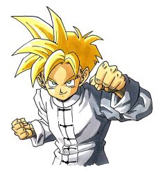 Rule 34 | 1boy, aqua eyes, blonde hair, chinese clothes, clenched hands, commentary, dragon ball, dragonball z, fighting stance, fingernails, happy, highres, lee (dragon garou), long sleeves, looking at viewer, male focus, shaded face, shirt, simple background, smile, solo, son gohan, spiked hair, super saiyan, super saiyan 1, upper body, white background, white shirt