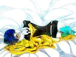 Rule 34 | 1other, amputee, androgynous, bed sheet, blue eyes, blue hair, broken, crying, crying with eyes open, gem uniform (houseki no kuni), gold, houseki no kuni, looking at viewer, lying, missing limb, necktie, on side, phosphophyllite, phosphophyllite (ll), short hair, solo, spoilers, tears