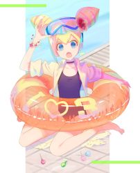 Rule 34 | 1girl, adjusting eyewear, blonde hair, blue eyes, bracelet, candy, cone hair bun, double bun, food, goggles, hair bun, highres, innertube, jewelry, lollipop, looking at viewer, lucia fex, multicolored hair, open mouth, pool, poolside, promare, rice (rice8p), sitting, swim ring, swimsuit, two-tone hair