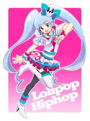 Rule 34 | 10s, 1girl, :d, alternate color, alternate form, asymmetrical footwear, black thighhighs, blue eyes, blue hair, brooch, cosplay, crown, cure lovely, cure lovely (cosplay), cure lovely (lollipop hip hop), cure princess, earrings, full body, happinesscharge precure!, heart, heart brooch, hood, hoodie, jewelry, long hair, magical girl, matching hair/eyes, mini crown, mismatched footwear, mofuko, open mouth, pink background, precure, shirayuki hime, sidelocks, skirt, smile, solo, star (symbol), star earrings, thighhighs, twintails, wrist cuffs