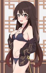Rule 34 | 1girl, absurdres, bare shoulders, black bra, black nails, black panties, blush, bow, bow bra, bow panties, bra, breasts, brown hair, chinese clothes, collared coat, dressing, flower-shaped pupils, from side, genshin impact, hair between eyes, hairclip (user rasc5457), hand on own chest, highres, hu tao (genshin impact), indoors, lace, lace bra, lace panties, long hair, looking at viewer, navel, no pants, off shoulder, open clothes, open mouth, panties, red eyes, small breasts, solo, standing, symbol-shaped pupils, twintails, underwear, very long hair