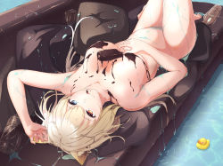 Rule 34 | 1girl, :q, animal ear fluff, animal ears, arknights, arm up, barefoot, blonde hair, blue eyes, bottle, breasts, brown eyes, cat ears, chocolate, chocolate on body, chocolate on breasts, commentary request, couch, dermar, heterochromia, highres, knees up, large breasts, nightmare (arknights), nude, pillow, revision, rubber duck, solo, thighs, tongue, tongue out, water