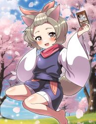Rule 34 | 1girl, :d, absurdres, animal ears, ash blossom &amp; joyous spring, bangs pinned back, barefoot, blue sky, brown eyes, brown hair, card, cherry blossoms, cloud, commentary request, day, dog ears, dog girl, dog tail, duel monster, full body, hair ribbon, highres, hitokiwa kenchin, holding, holding card, japanese clothes, kimono, long sleeves, looking at viewer, open mouth, ribbon, short hair, sidelocks, sky, smile, solo, sparkle, tail, tree, yu-gi-oh!, yu-gi-oh! master duel
