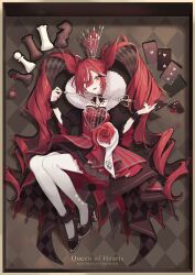 Rule 34 | 1girl, akakura, alice in wonderland, black footwear, black nails, character name, crown, dress, drill hair, full body, hair over one eye, heart, heart-shaped pupils, high heels, highres, holding, holding staff, long hair, looking at viewer, multicolored eyes, multicolored hair, pantyhose, parted lips, queen of hearts (alice in wonderland), red dress, red hair, red nails, scrunchie, smile, solo, staff, streaked hair, symbol-shaped pupils, twin drills, twintails, white pantyhose, wrist scrunchie