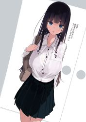 Rule 34 | 1girl, bag, black hair, blue eyes, blunt bangs, blush, bra visible through clothes, bralines, breasts, commentary request, highres, large breasts, long hair, looking at viewer, original, pleated skirt, rucchiifu, school uniform, see-through, skirt, solo, standing, translation request