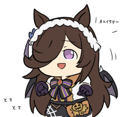 Rule 34 | 1girl, :d, animal ears, bat wings, black bow, black skirt, black wings, bow, brooch, brown hair, chibi, commentary request, gloves, hair over one eye, horse ears, jewelry, long hair, nyaru (nyaru 4126), open mouth, puffy short sleeves, puffy sleeves, purple eyes, purple gloves, rice shower (make up vampire!) (umamusume), rice shower (umamusume), shirt, short sleeves, simple background, skirt, smile, solo, striped, striped bow, translation request, umamusume, very long hair, white background, white shirt, wings