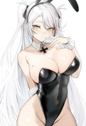 Rule 34 | 1girl, animal ears, antenna hair, arm behind back, azur lane, black leotard, breasts, cleavage, cross, detached collar, duplicate, fake animal ears, fake tail, finger to mouth, grey hair, hand up, highleg, highleg leotard, highres, iron cross, large breasts, leotard, long hair, luse maonang, mole, mole on breast, multicolored hair, pixel-perfect duplicate, playboy bunny, prinz eugen (azur lane), rabbit ears, rabbit tail, red hair, solo, strapless, strapless leotard, streaked hair, tail, two side up, white background, wrist cuffs, yellow eyes