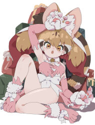 Rule 34 | 1girl, absurdres, animal ears, arm up, armpits, brown eyes, brown hair, cat ears, cat girl, cat tail, christmas, christmas present, elbow gloves, extra ears, gift, gloves, highres, kemono friends, kunikuni (kunihiro2005), large-spotted genet (kemono friends), leotard, long hair, looking at viewer, ribbon, shoes, solo, tail, twintails