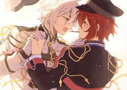 Rule 34 | 2boys, bishounen, blush, brothers, food, food in mouth, holding hands, idolish7, incest, kagura kurosaki, kujou tenn, looking at another, male focus, multiple boys, nanase riku, pink eyes, pocky, pocky in mouth, red eyes, red hair, short hair, siblings, twincest, twins, white background, white hair, yaoi