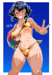 Rule 34 | 1girl, ;), abs, absurdres, artist name, ball, beachball, bikini, black hair, blue background, border, braid, breasts, commentary request, dated, front-tie bikini top, front-tie top, girls und panzer, gold bikini, gradient background, grin, halterneck, happy, highres, holding, holding ball, large breasts, looking at viewer, navel, one eye closed, orange eyes, outline, outside border, partial commentary, pepperoni (girls und panzer), shinkuukan (tetsuo3), shiny clothes, shiny skin, shiny swimsuit, short hair, side-tie bikini bottom, side braid, signature, smile, solo, standing, string bikini, sweat, swimsuit, tan, tanline, thighs, thong bikini, v, white border, white outline, wide hips