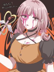 Rule 34 | 1girl, black background, black choker, blood, blood on face, bow, breasts, brown hair, choker, collarbone, danganronpa (series), danganronpa 2: goodbye despair, flipped hair, hair bow, halloween costume, happy halloween, highres, holding, holding staff, large breasts, low twintails, maguro (magurooo3), medium hair, nanami chiaki, no hair ornament, orange background, pink blood, pink bow, pink eyes, puffy short sleeves, puffy sleeves, short sleeves, staff, twintails, upper body