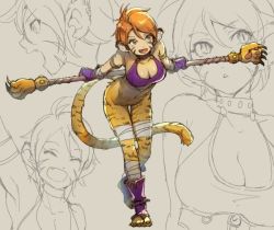 Rule 34 | 1girl, animal ears, breasts, breath of fire, breath of fire ii, bustier, cat ears, cat tail, cleavage, facial mark, full body, furry, furry female, gloves, looking at viewer, no pants, open mouth, orange hair, pointy ears, rinpoo chuan, sassa (cb), short hair, simple background, smile, solo, staff, tail
