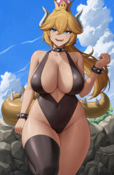 Rule 34 | 1girl, black choker, black one-piece swimsuit, black thighhighs, blonde hair, blue eyes, bowsette, breasts, choker, collarbone, commentary, covered navel, crown, english commentary, hair between eyes, hand up, highleg, highres, horns, large breasts, long hair, looking at viewer, mario (series), new super mario bros. u deluxe, nintendo, one-piece swimsuit, open mouth, outdoors, ponytail, sharp teeth, single thighhigh, smile, solo, spiked choker, spikes, super crown, swimsuit, tail, teeth, thighhighs, thighs, zaphn