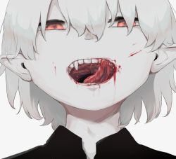 Rule 34 | 1boy, avogado6, black shirt, blood, blood in mouth, blood on face, commentary request, fangs, grey hair, hair between eyes, licking lips, looking at viewer, male focus, original, pale skin, pointy ears, portrait, red eyes, shirt, simple background, solo, tongue, tongue out, vampire, white background