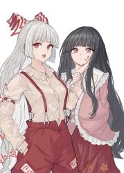 2girls absurdres black_hair blunt_bangs fujiwara_no_mokou high_ponytail highres houraisan_kaguya kashiwada_kiiho multiple_girls pants pink_shirt red_eyes red_pants shirt simple_background tears touhou white_background white_hair yuri