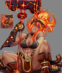 Rule 34 | 1girl, abs, axe, blacksmith (guardian tales), breasts, dark-skinned female, dark skin, female focus, fire axe, flame hair, flaming hair, glowing, glowing weapon, hammer, highres, hot, large breasts, mature female, lava, muscular, muscular female, scar, smile, solo, source request, weapon, yellow eyes