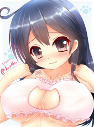 Rule 34 | 10s, 1girl, 2016, ahoge, alternate costume, artist name, black hair, breasts, cat cutout, cat lingerie, cleavage cutout, closed mouth, clothing cutout, collarbone, dated, eyebrows, frills, head tilt, kane-neko, kantai collection, large breasts, long hair, looking at viewer, meme attire, paw print, solo, underboob, underwear, underwear only, upper body, ushio (kancolle)