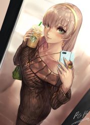 Rule 34 | 1girl, alternate costume, anastasia (fate), blue eyes, cellphone, coffee cup, collarbone, cup, disposable cup, dress, drinking straw, earrings, fate/grand order, fate (series), hairband, highres, holding, holding cup, holding phone, jewelry, long hair, long sleeves, mirror, necklace, off-shoulder sweater, off shoulder, pantyhose, peperon (peperou), phone, reflection, ribbed sweater, selfie, signature, silver hair, smartphone, smile, solo, starbucks, starbucks siren, sweater, sweater dress