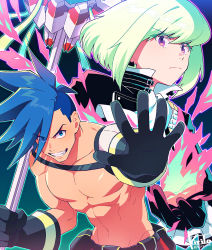 Rule 34 | 2boys, androgynous, black gloves, blue eyes, blue hair, galo thymos, gloves, green hair, highres, kiri futoshi, lio fotia, looking at viewer, male focus, multiple boys, open mouth, pectorals, promare, short hair, smile, topless male, trap