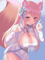 Rule 34 | 1girl, absurdres, animal ear fluff, animal ears, blue background, blue eyes, blue flower, breasts, cleavage cutout, clothing cutout, dayu (yuzi124), flower, fox ears, fox girl, fox shadow puppet, fox tail, hair flower, hair ornament, highres, hizuki rurufu, large breasts, long hair, long sleeves, looking at viewer, parted lips, pink tail, snack nili, solo, tail, tail raised, very long hair, virtual youtuber