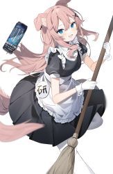 Rule 34 | 1girl, absurdres, animal ear fluff, animal ears, apron, blue eyes, blurry, blurry foreground, blush, broom, can, dog ears, dog girl, dog tail, earrings, energy drink, frilled apron, frills, gloves, grey background, hair between eyes, hair ornament, highres, holding, holding broom, inuyayo, jewelry, long hair, maid, maid apron, monster energy, open mouth, original, pink hair, simple background, smile, solo, tail, white gloves, white legwear, x hair ornament