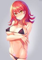 Rule 34 | 1girl, absurdres, bikini, black bikini, blush, breast lift, breasts, closed mouth, collarbone, dobunezumi, grey background, highres, large breasts, long hair, looking at viewer, navel, original, pubic tattoo, red hair, simple background, solo, swimsuit, tattoo, watermark, yellow eyes