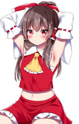 Rule 34 | 1girl, absurdres, armpits, arms up, artist name, bandages, bare shoulders, blush, bow, breasts, brown hair, closed mouth, collar, collared shirt, detached sleeves, eyes visible through hair, hair between eyes, hair bow, hair ornament, hair tubes, hakurei reimu, hands up, highres, long hair, long sleeves, looking at viewer, medium breasts, navel, pink eyes, ponytail, red bow, red eyes, red shirt, red skirt, shinonome asu, shirt, simple background, sitting, skirt, sleeveless, sleeveless shirt, solo, touhou, white background, wide sleeves