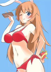 Rule 34 | 1girl, animal ears, bikini, blue background, blue eyes, blush, breasts, charlotte e. yeager, chocolate, cleavage, collarbone, heart, large breasts, long hair, meiji (brand), meiji milk chocolate, one eye closed, open mouth, orange hair, rabbit ears, rabbit girl, red bikini, simple background, smile, solo, strike witches, swimsuit, valentine, world witches series, yuzuyoukan