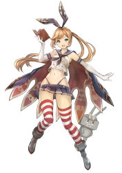 Rule 34 | &gt;:d, 1girl, :d, adapted costume, book, boots, brown eyes, brown hair, cape, clarisse (granblue fantasy), cosplay, crossover, elbow gloves, full body, gloves, granblue fantasy, green eyes, grey footwear, hair ribbon, holding, holding book, kantai collection, long hair, look-alike, microskirt, navel, open book, open mouth, outstretched arm, pleated skirt, ponytail, qnakamura, rensouhou-chan, ribbon, sailor collar, sakura ayane, shimakaze (kancolle), shimakaze (kancolle) (cosplay), shirt, simple background, skirt, sleeveless, sleeveless shirt, smile, striped clothes, striped thighhighs, thighhighs, v-shaped eyebrows, very long hair, voice actor connection, vyrn (granblue fantasy), white background, white gloves