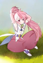 Rule 34 | 1girl, adjusting hair, arche klein, armpits, blush, elbow gloves, gloves, gwayo, highres, long hair, looking at viewer, pants, parachute pants, pink eyes, pink gloves, pink hair, pink pants, ponytail, sitting, solo, tales of (series), tales of phantasia, very long hair, wide ponytail