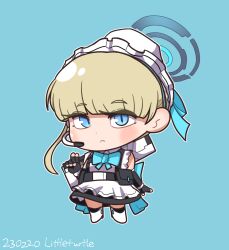Rule 34 | 1girl, apron, artist name, assault rifle, back bow, black dress, black gloves, blonde hair, blue archive, blue bow, blue bowtie, blue eyes, blue ribbon, blunt bangs, boots, bow, bowtie, bullpup, bun cover, caseless firearm, chest harness, chibi, closed mouth, commentary request, dated, dot nose, dress, elbow gloves, fingerless gloves, frilled apron, frills, frown, full body, gloves, gun, gun on back, h&amp;k g11, hair bun, hair ribbon, halo, hand up, harness, high heel boots, high heels, korean commentary, light blue background, light blush, littleturtle, looking at viewer, maid, maid apron, maid headdress, mechanical halo, microphone, prototype design, ribbon, rifle, short eyebrows, short hair, simple background, single hair bun, slit pupils, solo, standing, straight hair, tactical clothes, tactical maid, toki (blue archive), unconventional maid, v, weapon, weapon on back, white apron, white footwear