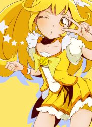 Rule 34 | 10s, 1girl, bad id, bad pixiv id, blonde hair, bow, cure peace, hair flaps, highres, kise yayoi, long hair, magical girl, one eye closed, precure, ryuuama, shorts, shorts under skirt, skirt, smile precure!, solo, v, v over eye, wink, yellow bow, yellow eyes, yellow shorts, yellow skirt, yellow theme