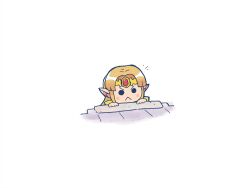 Rule 34 | 1girl, :&lt;, black eyes, blonde hair, blush stickers, chibi, circlet, closed mouth, halftone, highres, nintendo, notice lines, parted bangs, peeking out, pointy ears, princess zelda, rariatto (ganguri), simple background, solo, super smash bros., the legend of zelda, the legend of zelda: a link between worlds, upper body, v-shaped eyebrows, white background