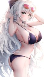 Rule 34 | 1girl, aqua eyes, armpit peek, arms up, ass, azur lane, bare arms, bare shoulders, bikini, blush, bow, braid, breasts, cleavage, commentary request, cowboy shot, eyewear on head, flower, frilled bikini, frills, hair bow, hair flower, hair ornament, halterneck, hand in own hair, highres, jewelry, large breasts, long hair, looking at viewer, necklace, o-ring, o-ring bikini, official alternate costume, oyuwari, purple bikini, sidelocks, silver hair, simple background, solo, sunglasses, swimsuit, thighs, very long hair, vittorio veneto (azur lane), vittorio veneto (the flower of la spezia) (azur lane), water drop, wet, white background, white flower