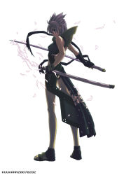 Rule 34 | ayaki, bad id, bad pixiv id, blue eyes, fingerless gloves, full body, gloves, gorget, holding, holding sword, holding weapon, looking back, original, revealing clothes, scabbard, sheath, short hair, silver hair, simple background, solo, spiked hair, standing, sword, torn clothes, weapon, white background