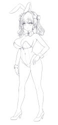 Rule 34 | 1girl, :i, animal ears, aningay, bare shoulders, bow, bowtie, breasts, closed mouth, covered navel, detached collar, fake animal ears, full body, greyscale, hair bow, hairband, hand on own hip, high heels, highres, large breasts, leotard, long hair, monochrome, original, playboy bunny, pout, rabbit ears, shoes, simple background, solo, standing, strapless, strapless leotard, twintails, white background, wing collar, wrist cuffs