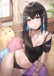 Rule 34 | 1girl, :t, absurdres, ahoge, arm behind back, artist name, bandaid, bandaid on face, bandaid on shoulder, bandaid on stomach, black bow, black choker, black hair, black nails, black panties, black shirt, blue hair, bow, bow panties, bra strap, breasts, brown eyes, chain, chain necklace, choker, cleavage, closed mouth, collarbone, commentary, cowboy shot, crop top, cross, cross earrings, curtains, cushion, earrings, hair between eyes, hair bow, hair ornament, hairpin, heart, heart hair ornament, highres, holding own arm, indoors, irene (kanniiepan), jewelry, kanniiepan, looking at viewer, lying, medium breasts, midriff, mole, mole under eye, multicolored hair, nail polish, navel, necklace, no pants, off shoulder, on side, original, panties, purple bow, shirt, short hair, short sleeves, solo, star (symbol), star hair ornament, sticker, stuffed toy, symbol-only commentary, underwear, window, wristband, x hair ornament