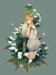 Rule 34 | bug, butterfly, calla lily, closed eyes, flower, highres, bug, leaf, lian yao, navel, original, puffy shorts, puffy sleeves, red hair, short hair, shorts, solo focus, white flower